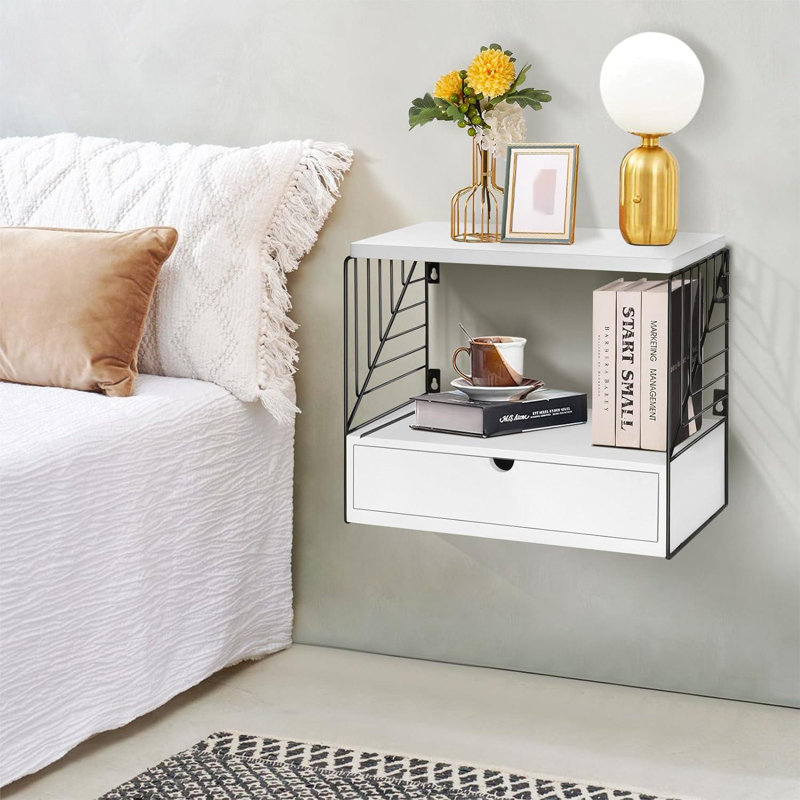 Gracie Oaks Floating Nightstand Wood Bedside Shelf Wall Mounted With Drawer Modern Style Bedside Table Floating End Table 2 Tier Floating Shelves For Bedroom Living Room Bathroom Office Wayfair